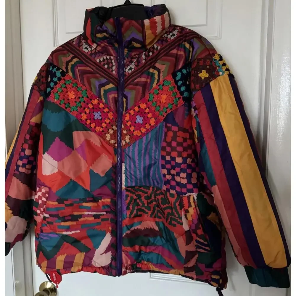Farm Rio Women's XS Red Abstract Patches Reversible Full Zip Puffer Jacket NEW - Picture 5 of 16